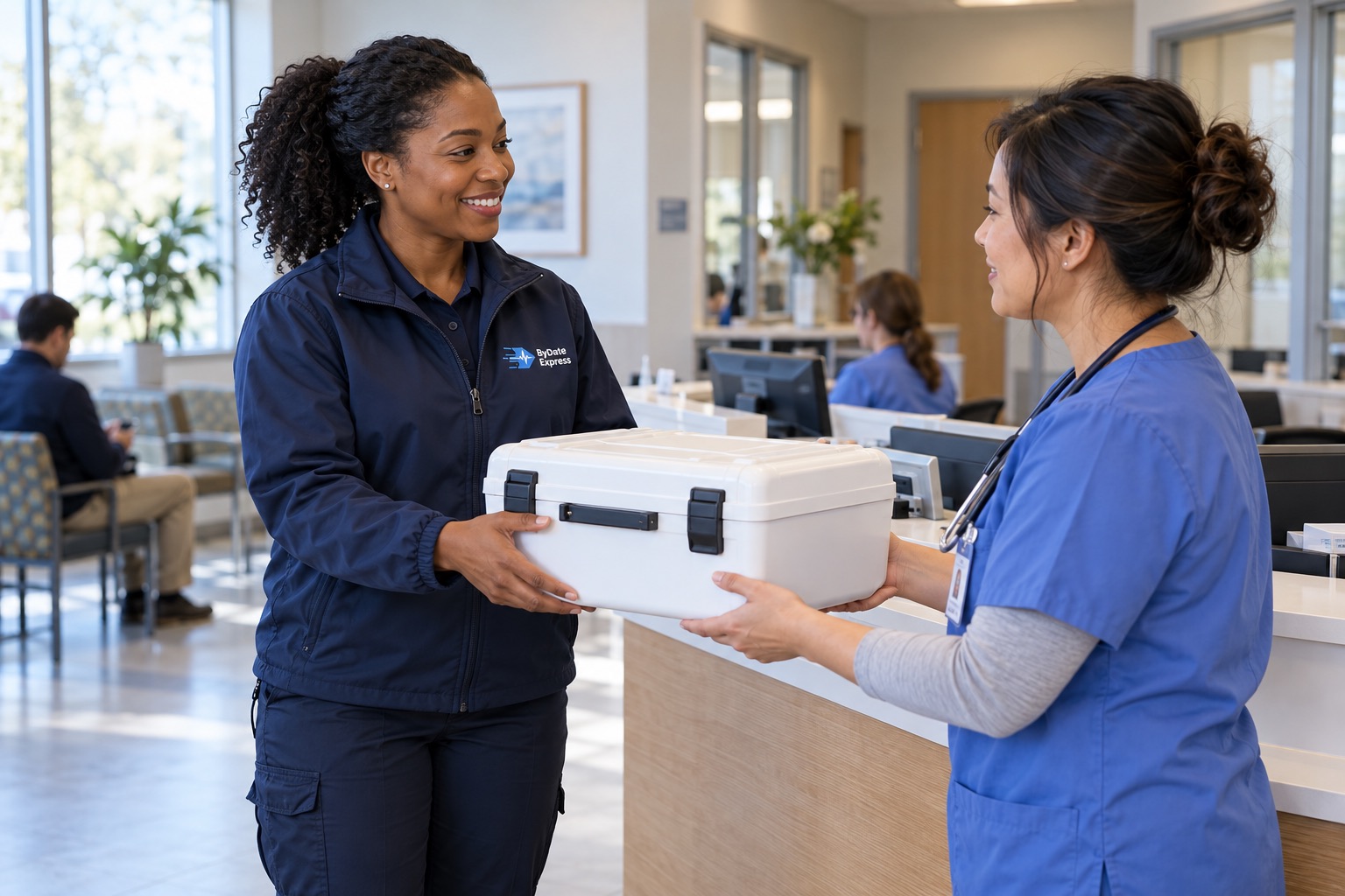 Courier handing a transport case to a clinic nurse