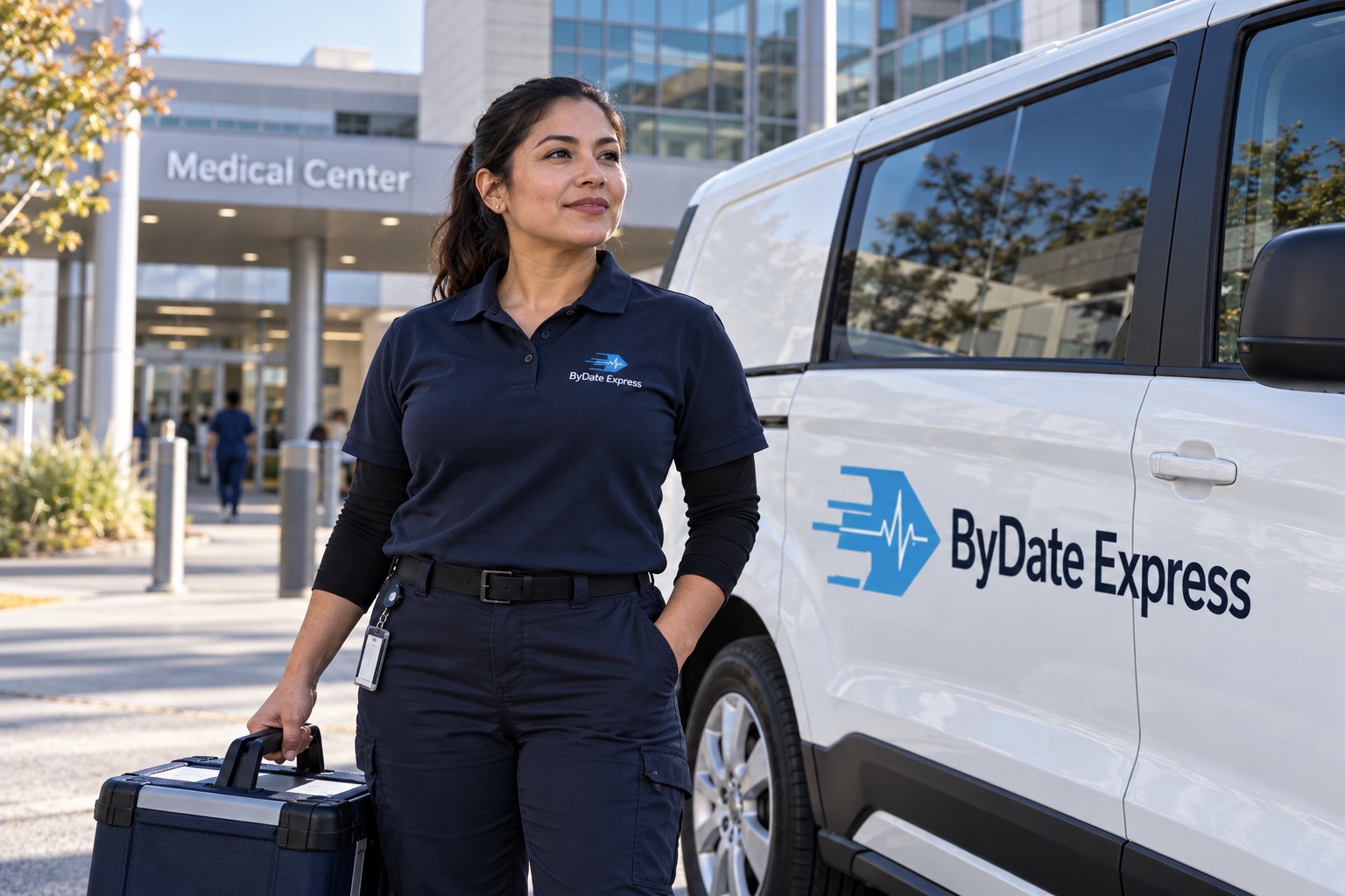 Courier with a transport case beside a branded vehicle outside a medical center