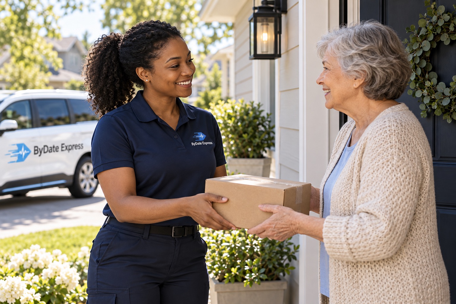 Courier handing a parcel to an older resident at her front door