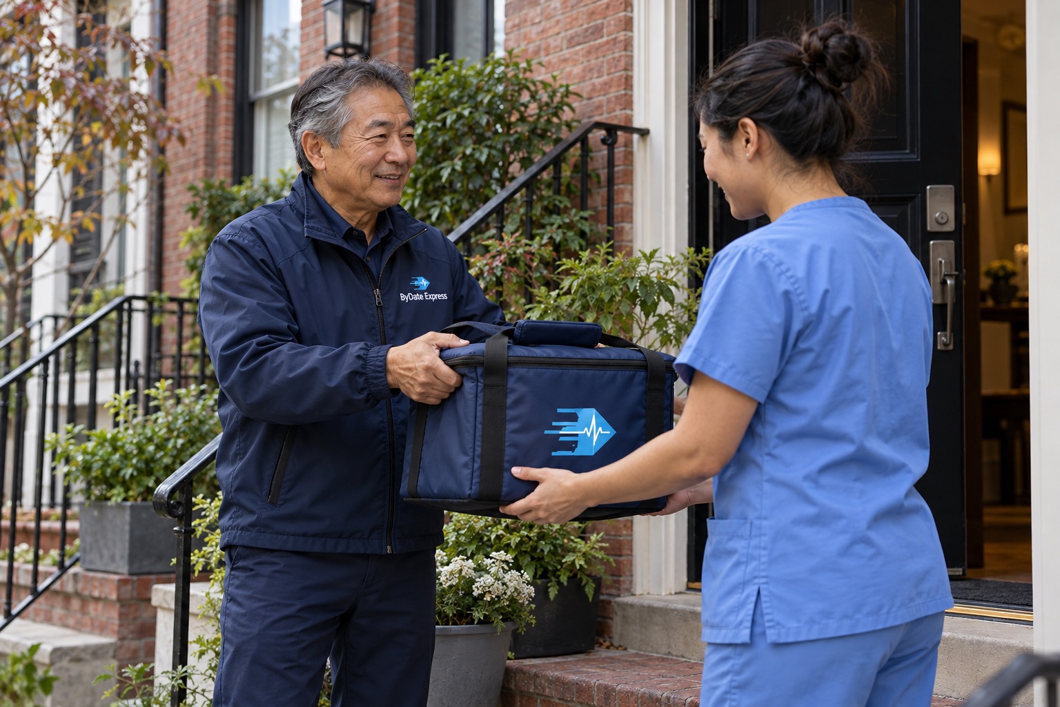 Courier handing an insulated bag to a home health nurse at a front door