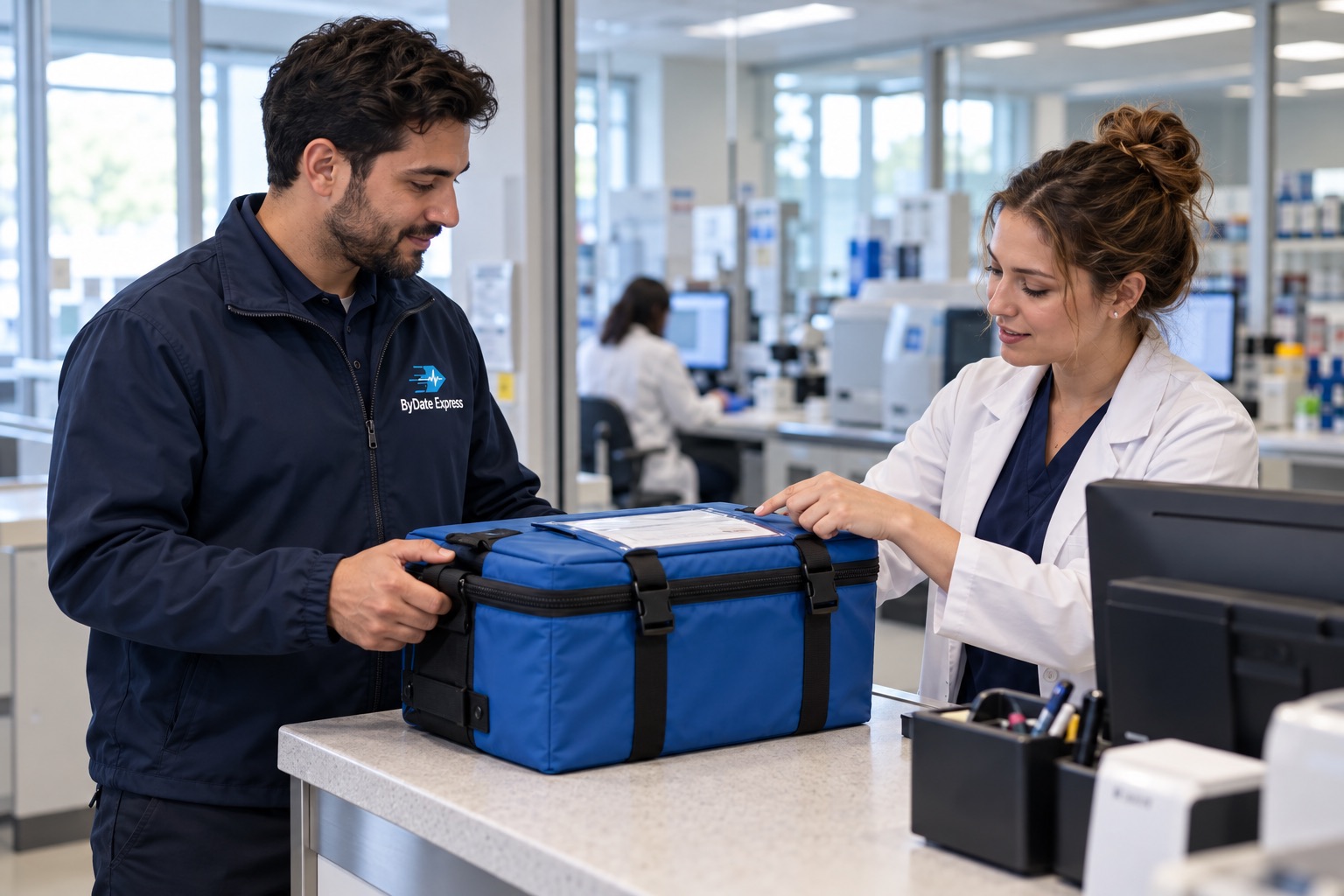 Courier picking up an insulated specimen case at a lab