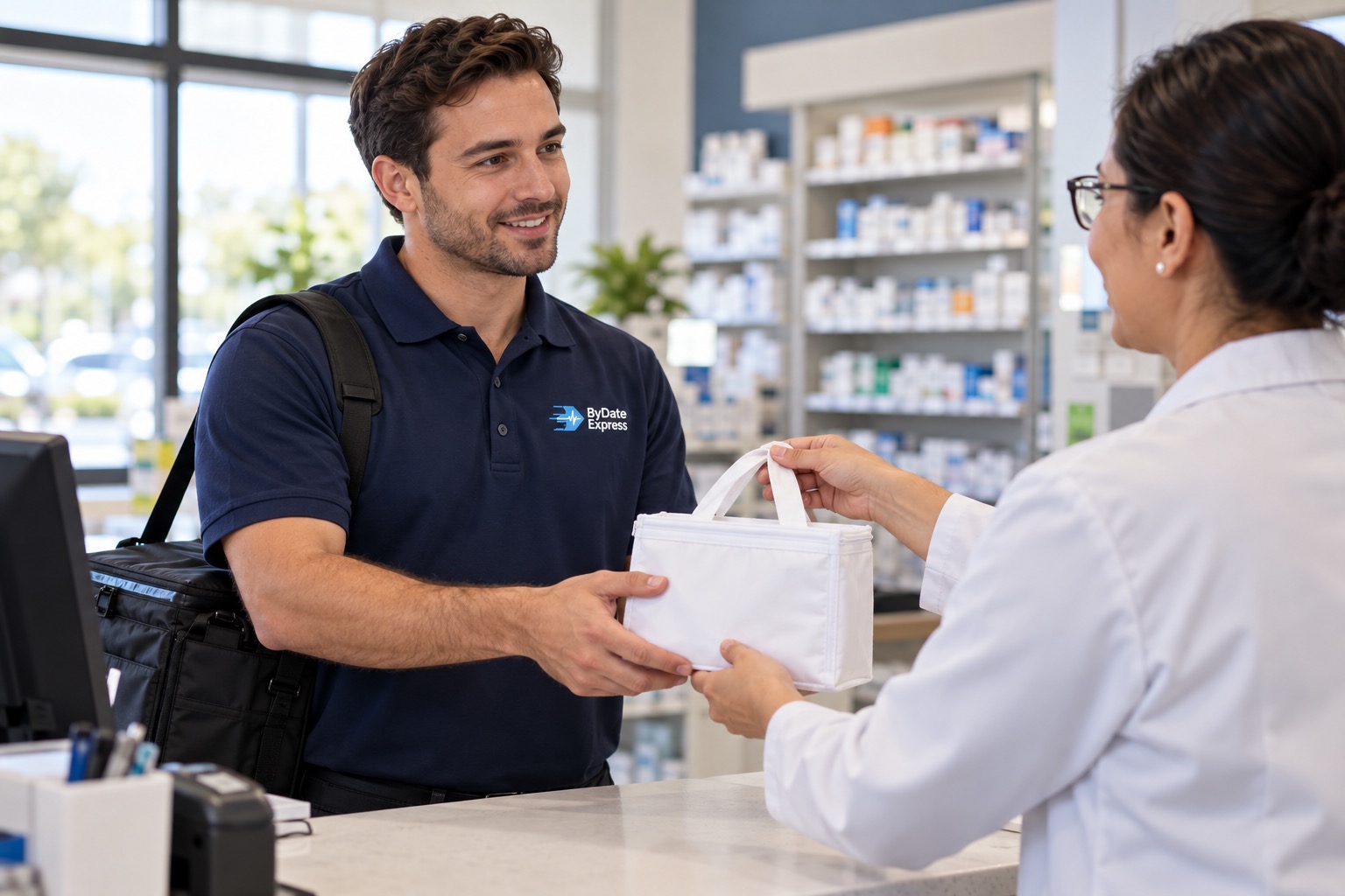 Courier collecting a prescription bag from a pharmacist