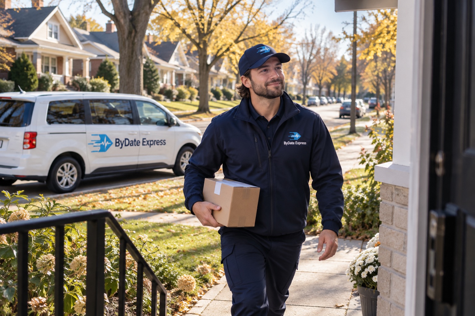 Courier carrying a parcel up to a house on a residential street