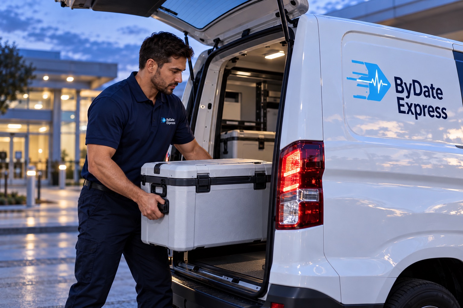 Courier loading an insulated case into a branded delivery van